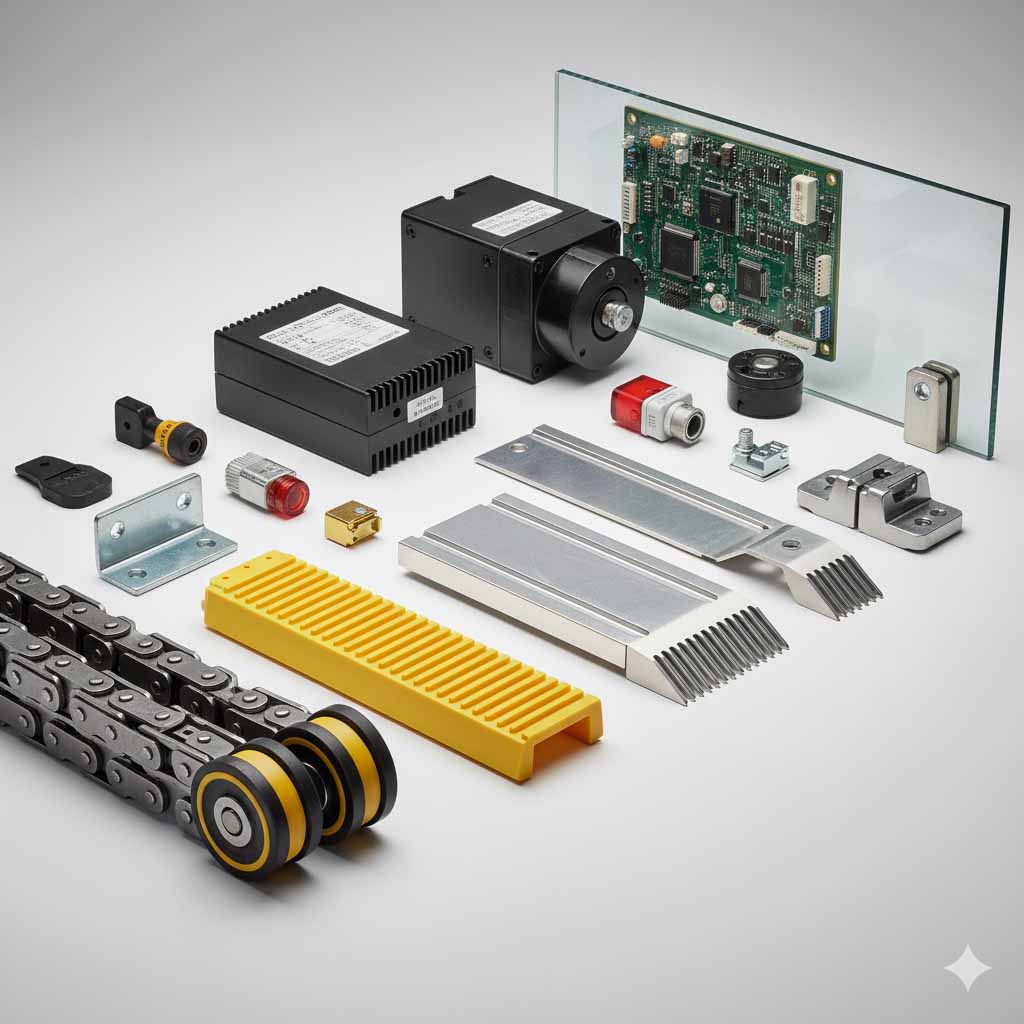 یک تکنسین متخصص در حال بررسی فنی و کنترل کیفیت یکی از قطعات گران‌قیمت پله برقی برای تعیین بازه قیمتی دقیق.