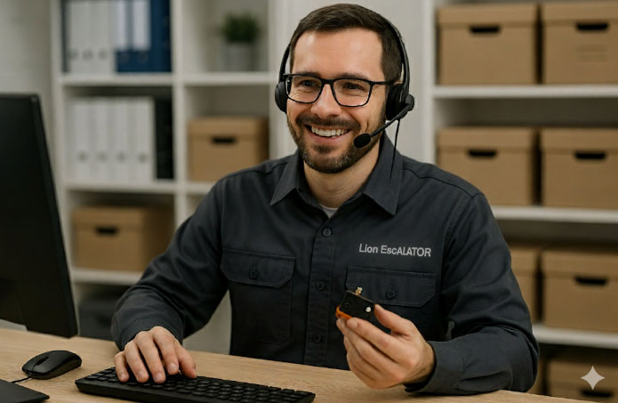 کارشناس فنی پله برقی لاین در حال ارائه مشاوره تخصصی تلفنی برای استعلام قیمت دقیق یک قطعه یدکی پله برقی.