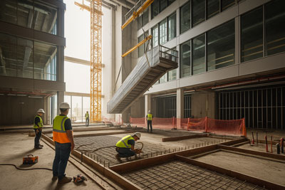 آماده‌سازی فونداسیون و عملیات حمل و جایگذاری خرپای پله‌برقی با استفاده از جرثقیل