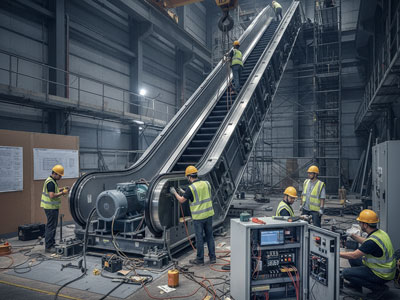 نصب مکانیکی و الکتریکی پله‌برقی شامل مونتاژ موتور، پله‌ها، هندریل و تابلو فرمان مرکزی