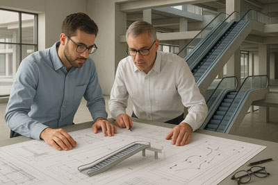 برنامه‌ریزی و طراحی پله‌برقی در ساختمان مدرن همراه با نقشه فنی و تحلیل ترافیک