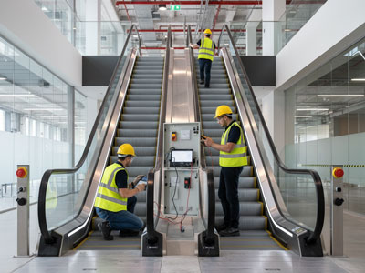 راه‌اندازی و آزمون‌های ایمنی پله‌برقی شامل تست ترمز، سنسورها و صدور گواهی استاندارد