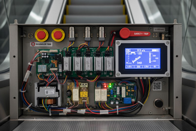 سیستم کنترل پله‌برقی و هماهنگی اجزا برای حفظ ایمنی و سرعت یکنواخت.