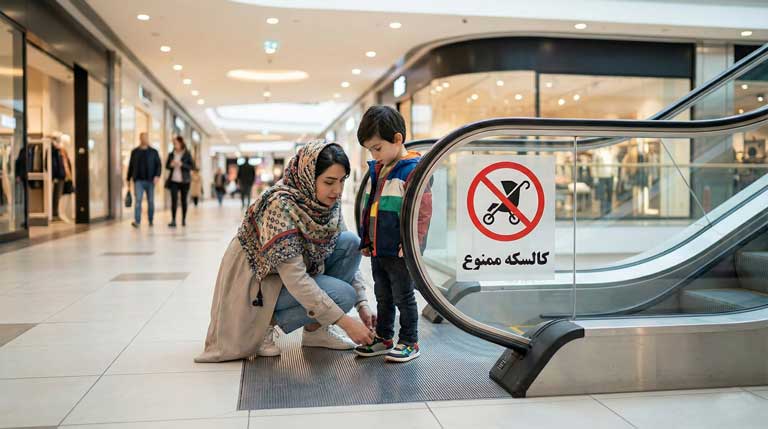 مادر در حال بستن بند کفش کودک قبل از سوار شدن به پله برقی برای رعایت نکات ایمنی.