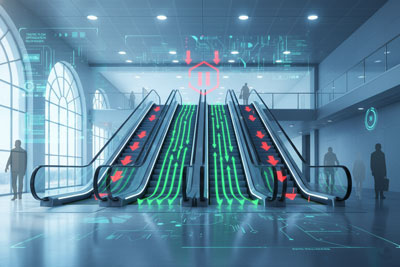 تصویری مفهومی از پله برقی با فلش‌های سبز و قرمز که تنظیم هوشمند سرعت توسط AI را نشان می‌دهد.