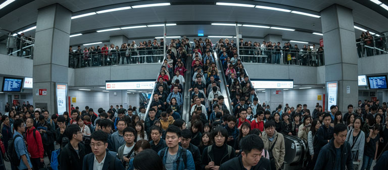 شلوغی پله برقی در یک ایستگاه مترو