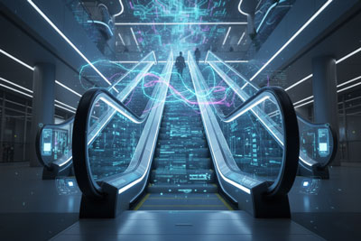 نمایی نزدیک از سنسورها و دوربین‌های هوشمند پله برقی که داده‌های حرکت جمعیت را جمع‌آوری می‌کنند.