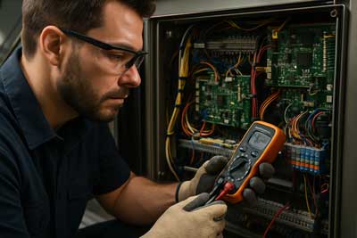 تکنسین در حال بازرسی تابلو فرمان الکتریکی پله‌برقی، تاکید بر اتصالات و سیم‌کشی دقیق