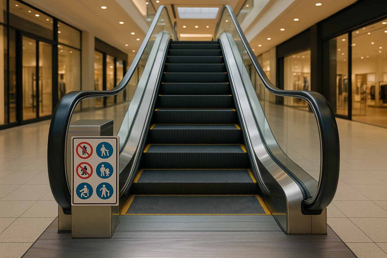 ایمنی مسافران در پله برقی مدرن با علائم هشداردهنده