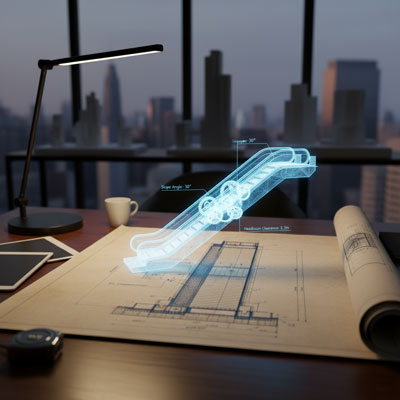 نقشه فنی و بلوپرینت معماری برای طراحی سازه پله برقی که ابعاد چاله، زاویه شیب و الزامات نصب را نشان می‌دهد.