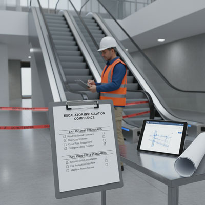 بازرسی و کنترل کیفیت نصب پله برقی بر اساس استانداردهای ملی ایران (ISIRI 13836) و اروپایی (EN 115-1).