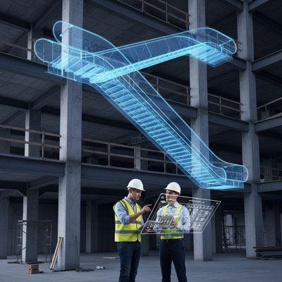 طراحی سازه پله برقی در حال یکپارچه‌سازی با اسکلت ساختمان، با حضور مهندسین معمار و سازه.