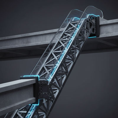 نمای برش‌خورده از خرپای فولادی پله برقی و نقاط اتصال آن به سازه ساختمان به همراه پدهای لاستیکی لرزه‌گیر.