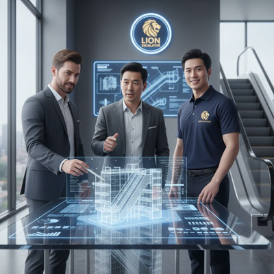 تیم متخصص پله برقی لاین (Lion Escalator) در حال مشاوره و همکاری با مهندسان برای ارائه راهکارهای جامع پله برقی.