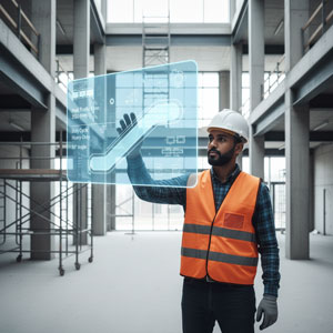 تحلیل پارامترهای بنیادی پروژه برای انتخاب پله برقی؛ مهندس در حال بررسی نقشه فنی شامل نوع کاربری و الگوی ترافیک.