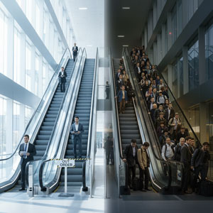 تصویری مفهومی از تاثیر استراتژیک انتخاب پله برقی: تفاوت میان کارایی روان در یک ساختمان مدرن و ازدحام ناشی از انتخاب نادرست.