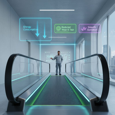 تصویری مفهومی از فناوریهای نوین پله برقی شامل سیستم اینورتر و Stop/Go، با نمایش کاهش مصرف انرژی و عملکرد بهینه.