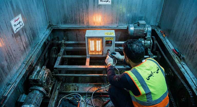 نصب هیتر در موتورخانه پله برقی برای جلوگیری از رطوبت و زنگ زدگی قطعات