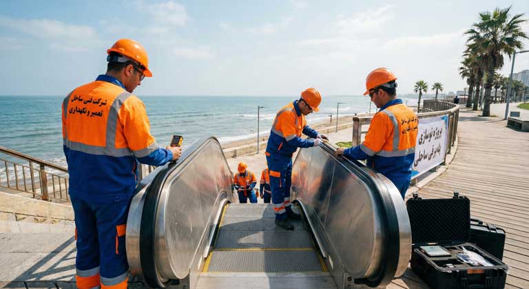 یم فنی پله برقی لاین در حال سرویس و نگهداری پله برقی در منطقه ساحلی و شرجی