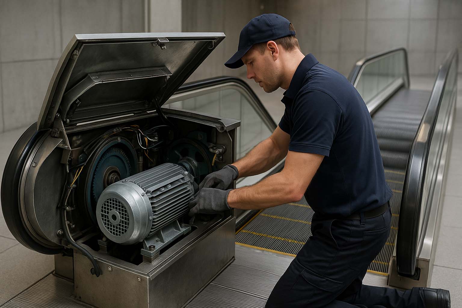 تعمیر موتور پله برقی از قسمت بالایی توسط تکنسین فنی در محل قرارگیری موتور