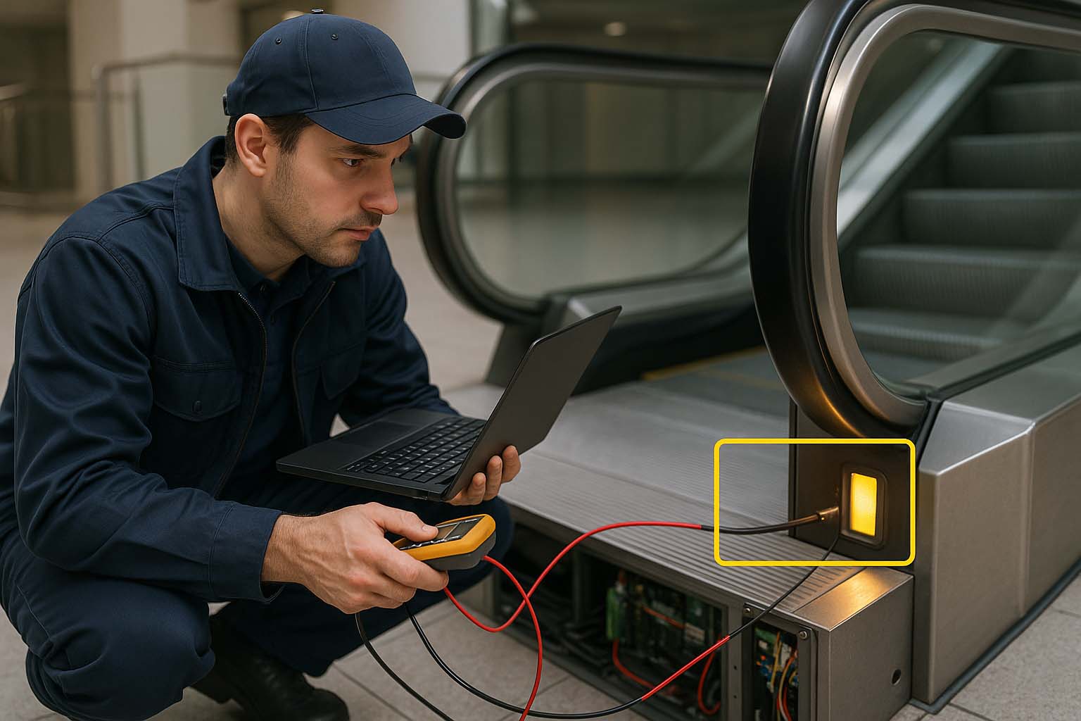 بررسی و عیبیابی سنسورهای ایمنی پله برقی توسط تکنسین فنی با ابزار تخصصی