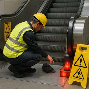 بررسی توقف اضطراری پله برقی توسط تکنسین در یک مرکز خرید تهران