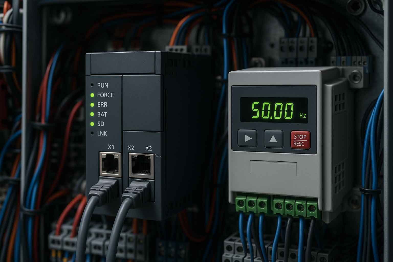 تصویر کلوزآپ از کنترلکننده منطقی برنامهپذیر (PLC) و اینورتر (درایو VFD) در تابلو فرمان پله برقی، که نقش اصلی را در پردازش و کنترل سرعت دارند.