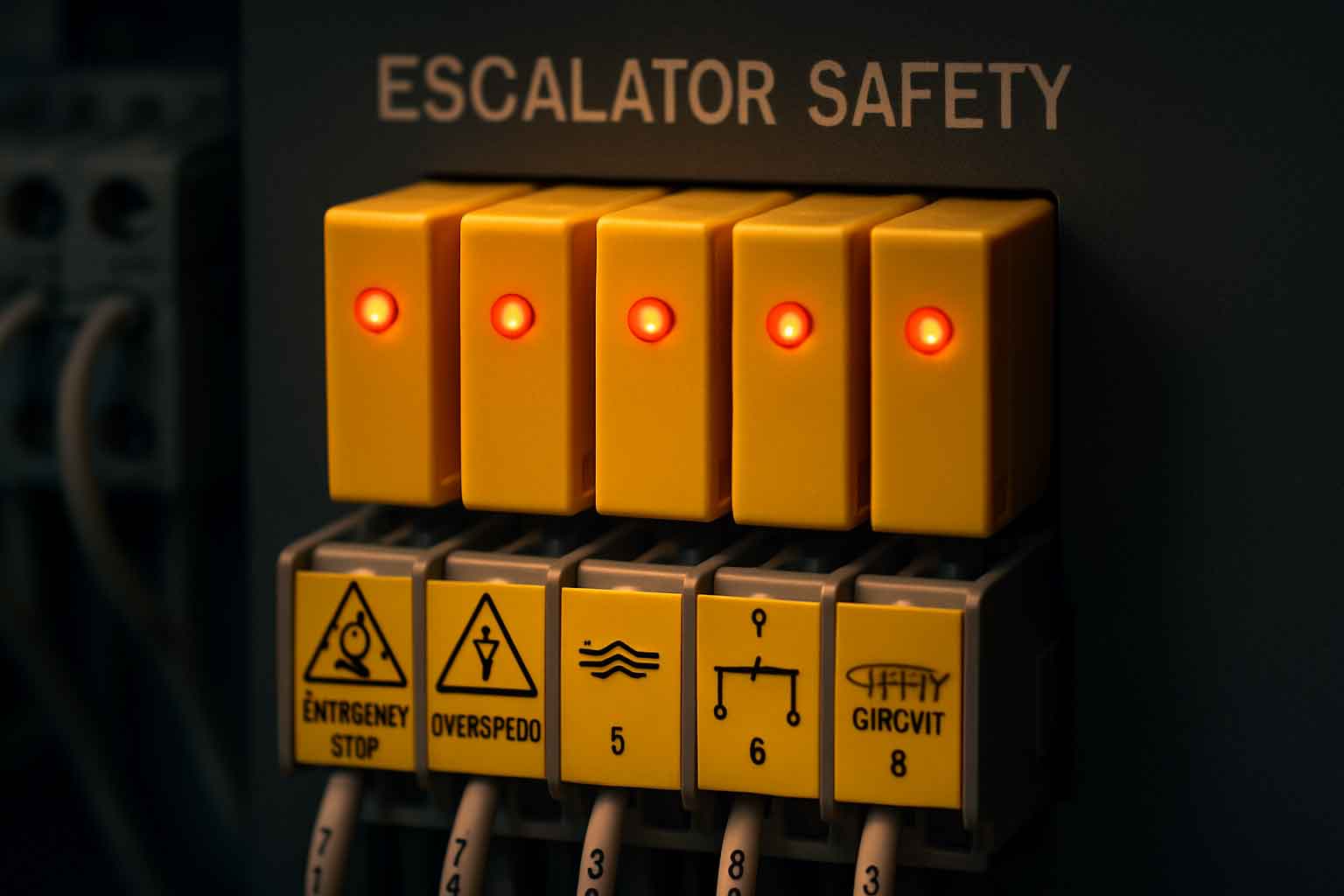 کلوزآپ روی بخش مدارات ایمنی تابلو فرمان پله برقی، شامل رلههای ایمنی به رنگ زرد یا قرمز و ترمینالهای ورودی سنسورها که نشاندهنده اهمیت ایمنی سیستم است.