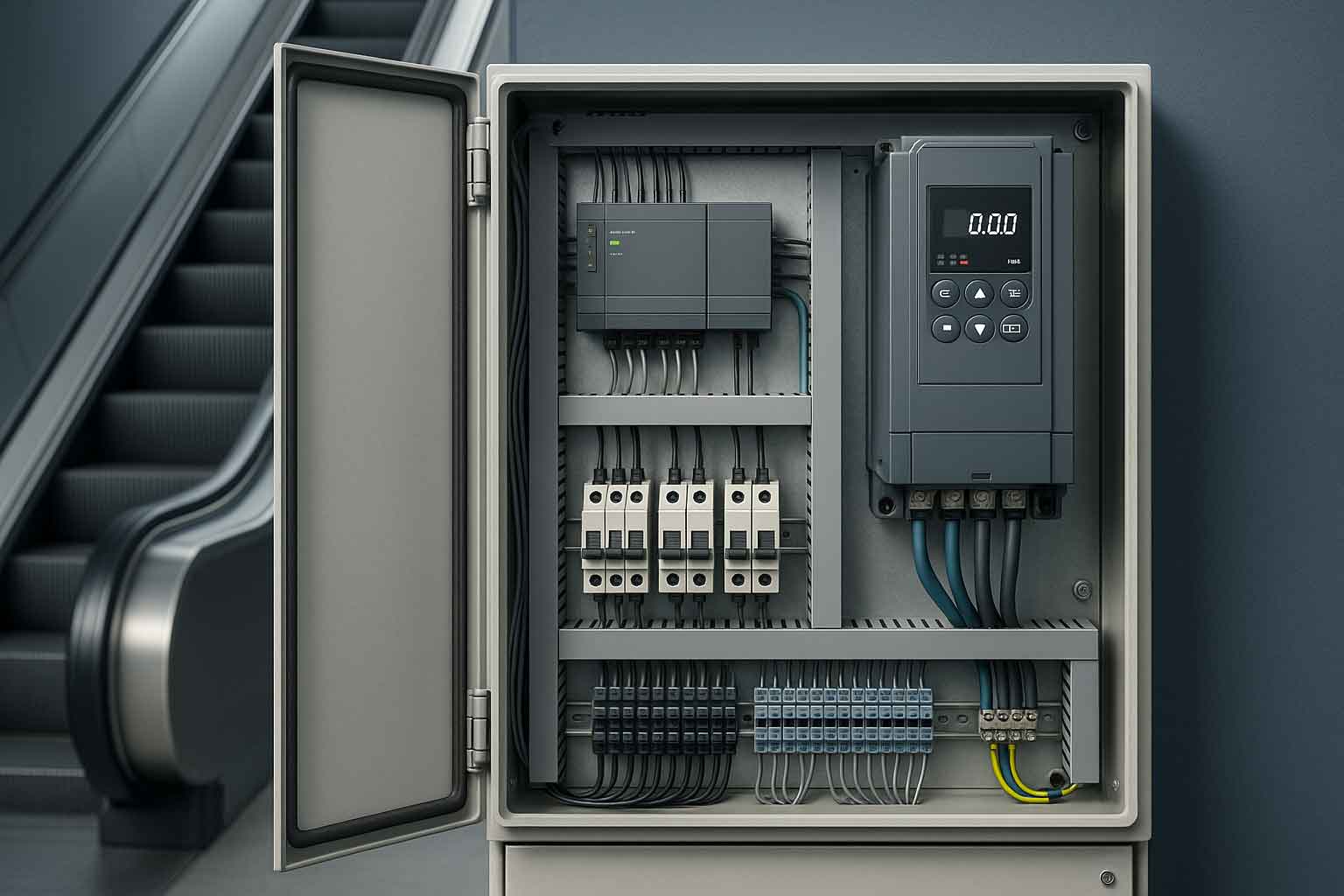 نمای داخلی یک تابلو فرمان پله برقی مدرن و مرتب، شامل PLC، اینورتر و سیمکشیهای منظم که مغز متفکر سیستم را نشان میدهد.