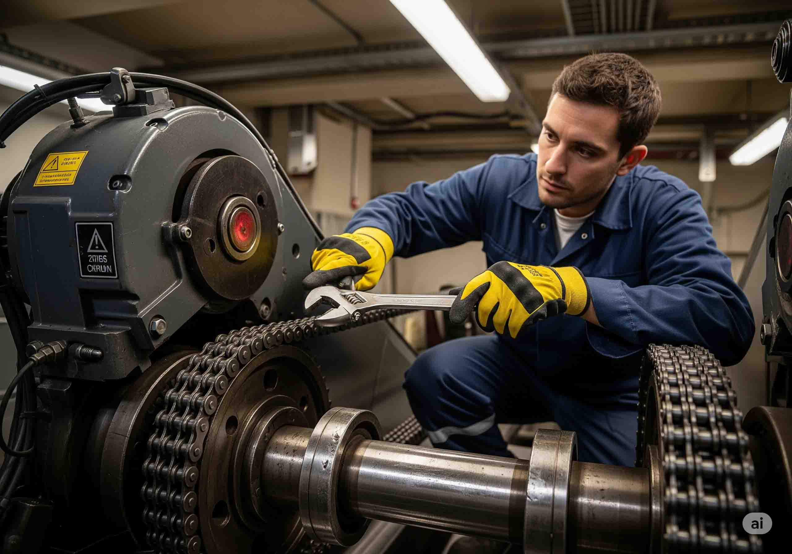 تکنسین متخصص در حال انجام سرویس و نگهداری دوره‌ای قطعات پله برقی شامل بررسی زنجیر اصلی محرکه و ترمز مغناطیسی.