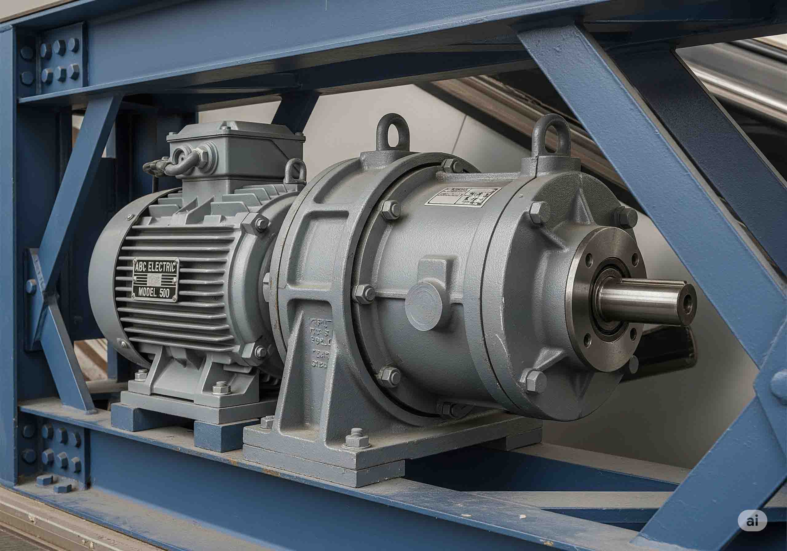 کلوزآپ موتور الکتریکی و گیربکس حلزونی به عنوان قطعات اصلی سیستم محرکه پله برقی