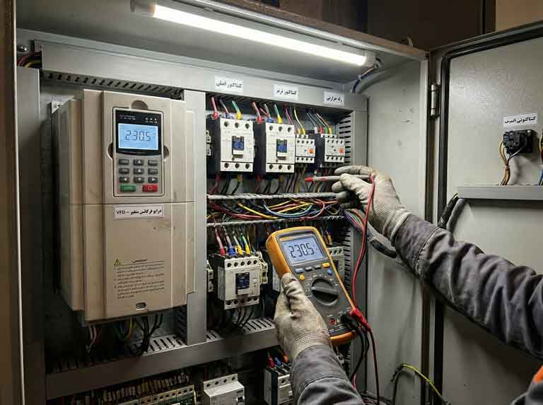 سرویس تابلو فرمان پله برقی و تست اینورتر توسط تکنسین.