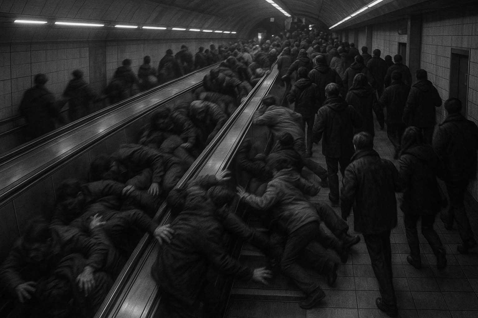 نمایی از ازدحام جمعیت روی پله برقی ایستگاه مترو در آتلانتا پس از کنسرت، قبل از وقوع حادثه