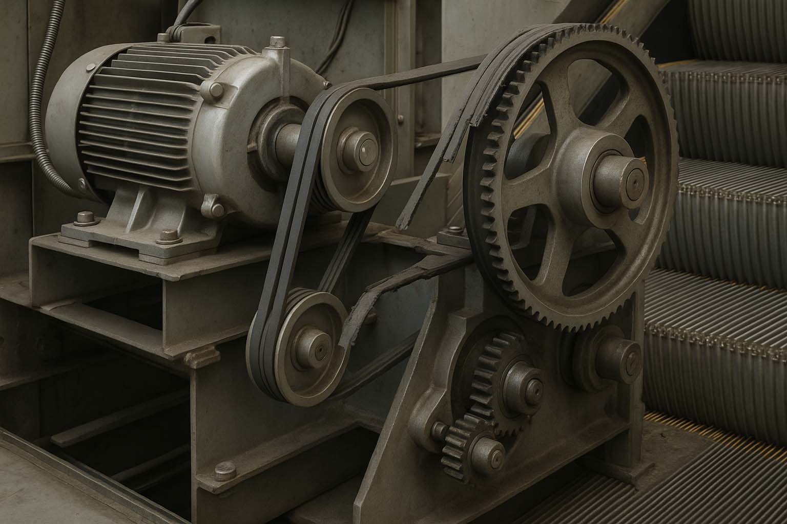 نمای نزدیک از موتور پله برقی با تسمه‌های محرک گمشده یا آسیب‌دیده در یک محیط فنی تعمیراتی