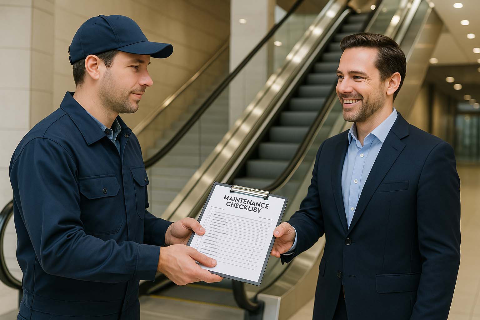 تحویل چک‌لیست سرویس پله برقی توسط تکنسین به مدیر ساختمان در محیطی امن و مدرن