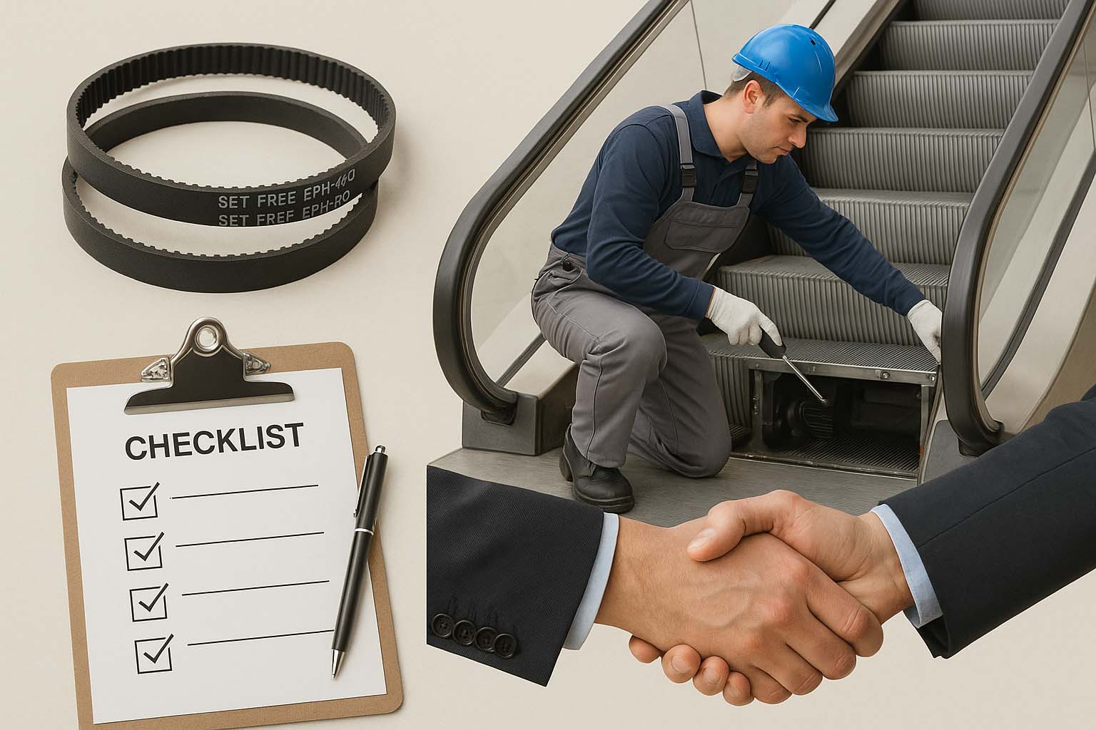 ترکیبی از قطعات اصلی، تکنسین سرویس پله برقی، چک‌لیست نگهداری و توافق بین خریدار و تأمین‌کننده به‌عنوان نمادهای ایمنی