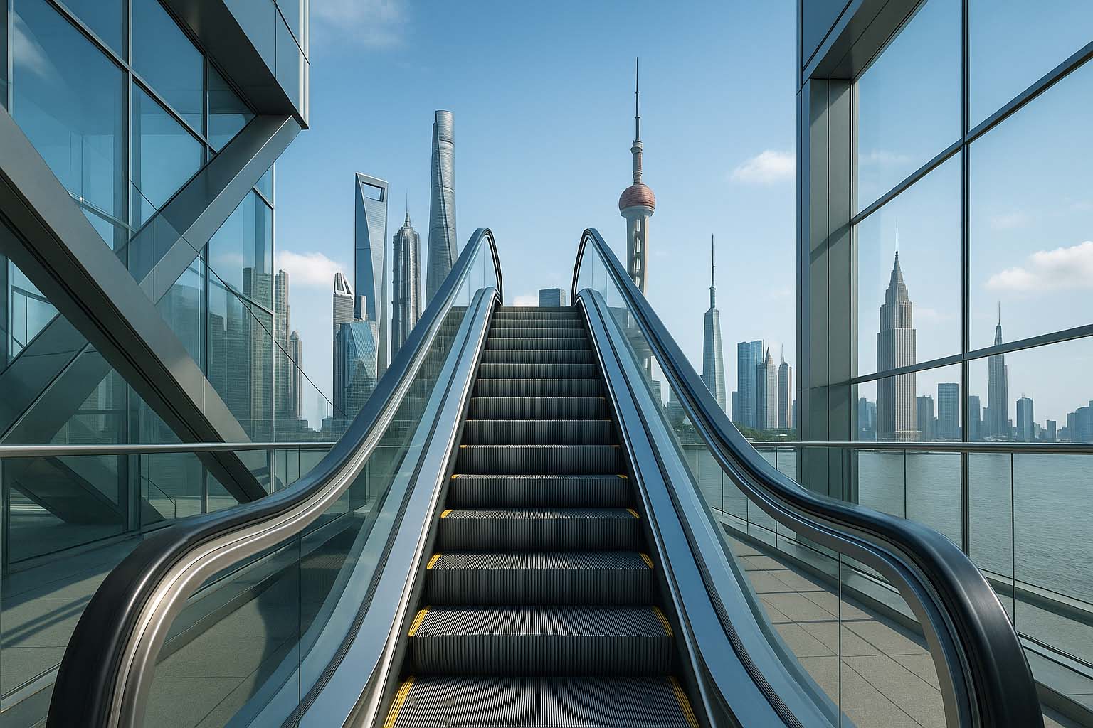 پله برقی مدرن در محیط شهری آینده‌نگر، نماد رشد صنعت جهانی پله برقی