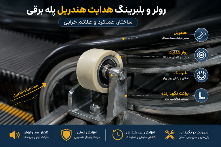 علائم خرابی رولر و بلبرینگ هدایت هندریل پله برقی