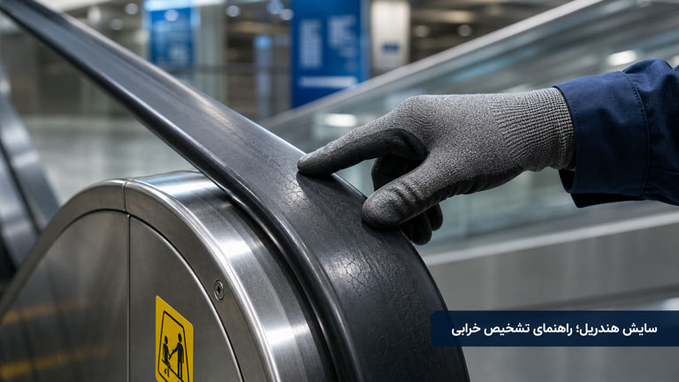 بررسی الگوی سایش داخلی و بیرونی هندریل پله برقی توسط تکنسین سرویس