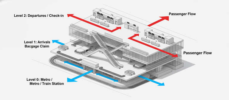 دیاگرام جانمایی استراتژیک پله برقی در طبقات فرودگاه