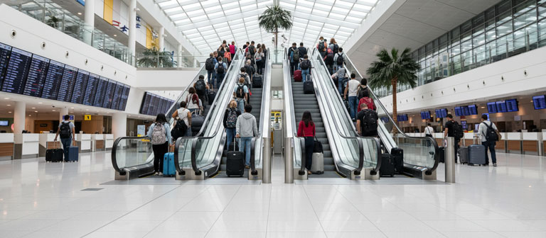 جریان مسافران روی پله برقی سنگین‌کار در ترمینال فرودگاه مدرن