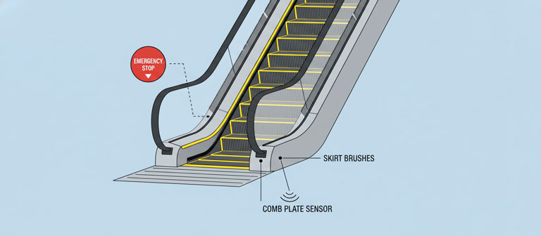 نمای نزدیک از اجزای ایمنی پله برقی شامل دکمه توقف اضطراری و برس‌های جانبی