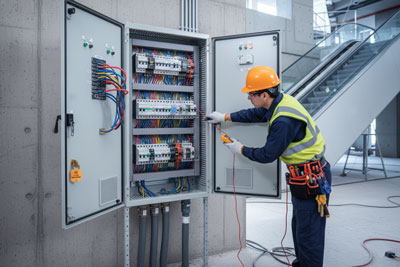 فنی نصب پله برقی، تکنسین در حال کار بر روی پنل برق، تمرکز بر سیم‌کشی و ایمنی.