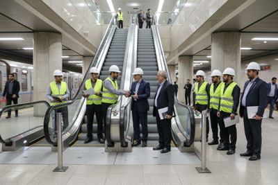 تکنسین در حال بررسی نهایی عملکرد پله برقی و مستندسازی برای تحویل نهایی.