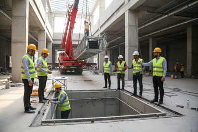 تکنسین در حال انجام تست نهایی عملکرد پله برقی، بررسی سرعت و ویژگی‌های ایمنی.