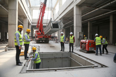 کارگران در حال مقابله با چالش‌های معمول در نصب پله برقی، از جمله هماهنگی تیم‌ها و رفع محدودیت‌های فضا.