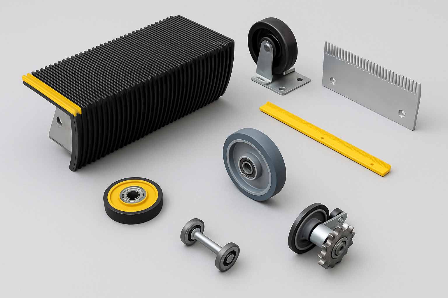 تصویر نزدیک از قطعات مختلف پله برقی (تسمه‌ها، غلطک‌ها، موتور، سنسورها و غیره)