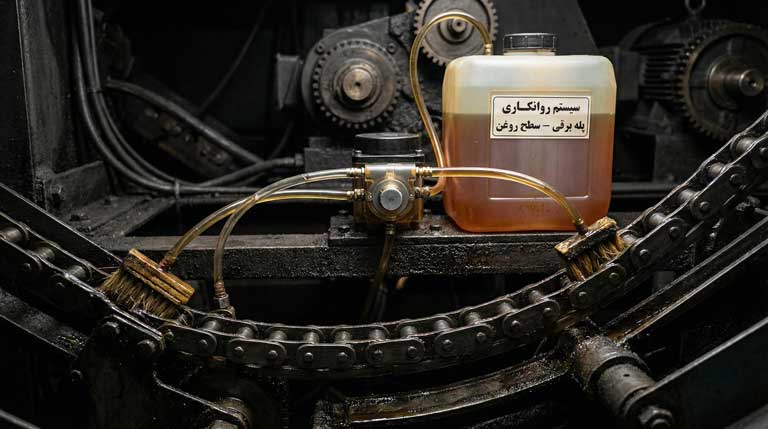 سیستم پمپ روغن زن اتوماتیک پله برقی؛ مخزن و لولههای تزریق روغن به زنجیر استپ.