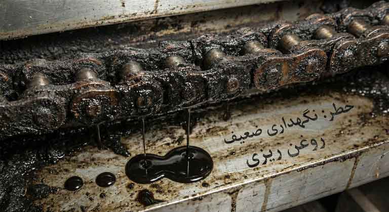 تجمع لجن سیاه و روغن سوخته روی زنجیر پله برقی ناشی از سرویس نامناسب و خطر آتشسوزی.