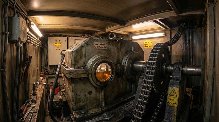 نمای داخل موتورخانه پله برقی شامل گیربکس، نمایشگر سطح روغن و زنجیر محرک اصلی آماده سرویس.